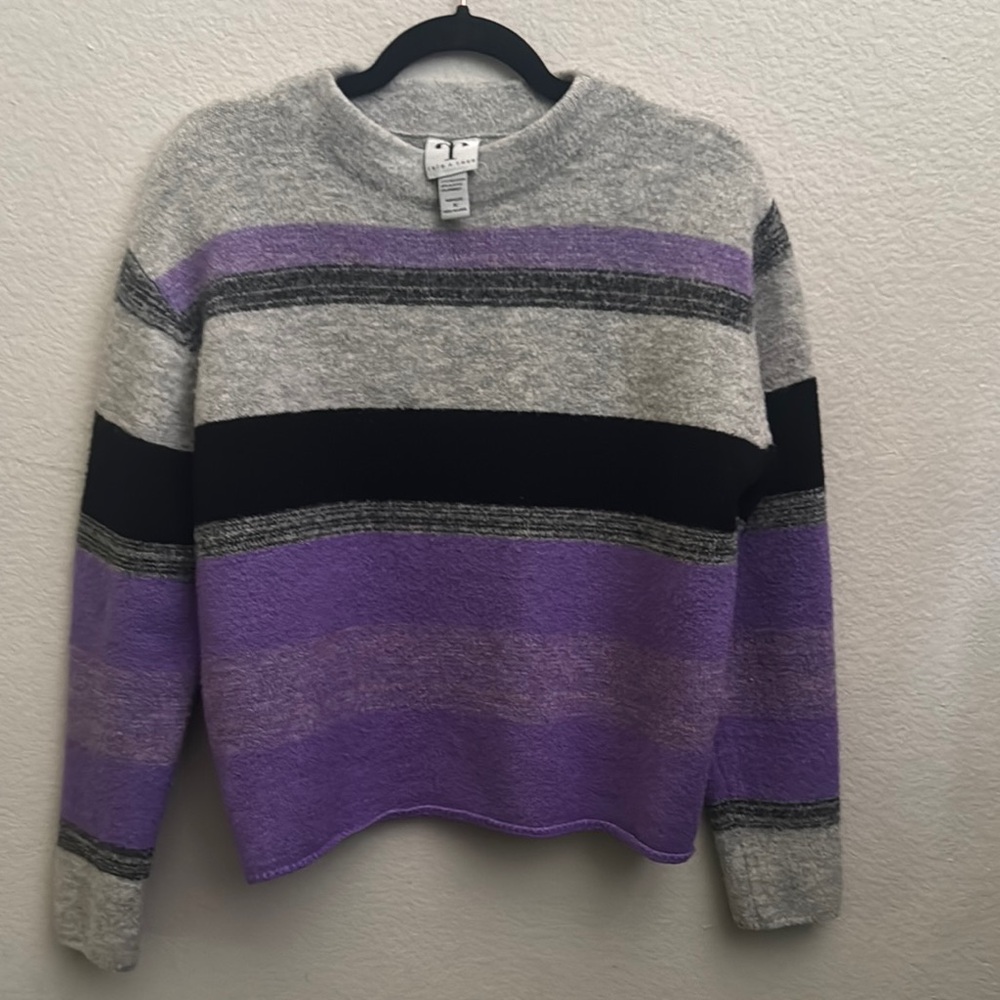 Purple and Gray Striped Crew Neck Sweater with Color Blocking